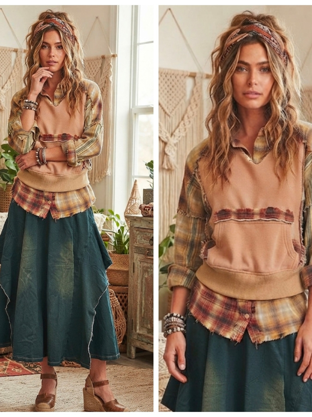 Oli & Hali Tan Patchwork Pullover with Plaid Trim